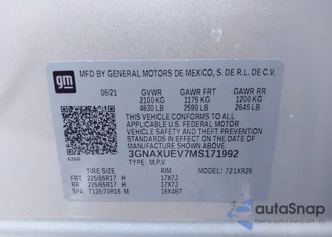 2021 Chevrolet Equinox Awd Lt z USA, uszkodzony, nr VIN 3GNAXUEV7MS171992